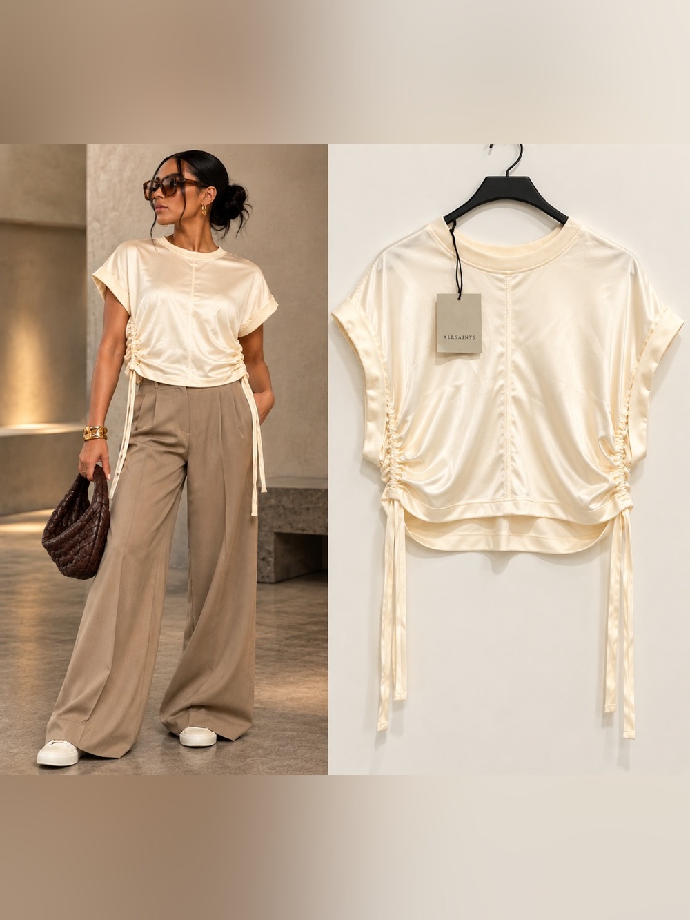 AllSaints Mira Satin Tee Tofu White Ruched Drawstring Top Size L NWT